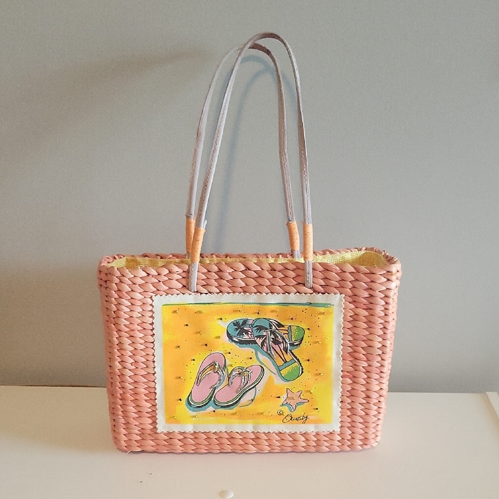 Sun "N" Sand Peach/pink Woven Tote Bag with Flip-Flop Design